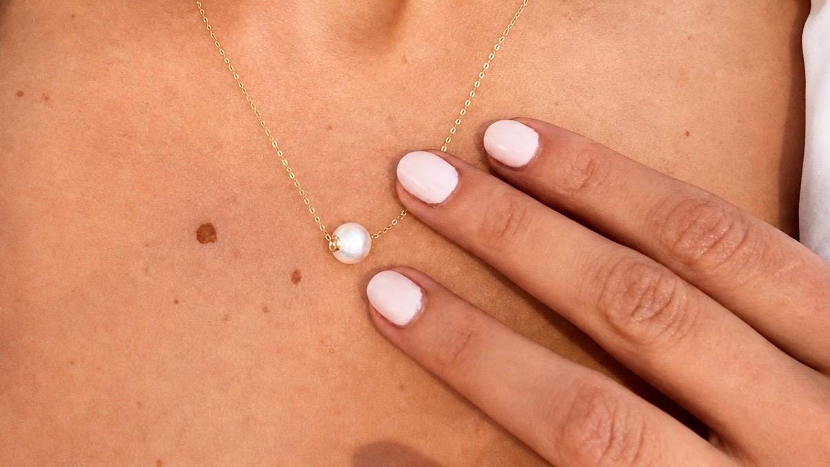 18K Solid Gold Floating Pearl Necklace, Minimalist Freshwater Pendant, Hallmarked Fine Jewelry