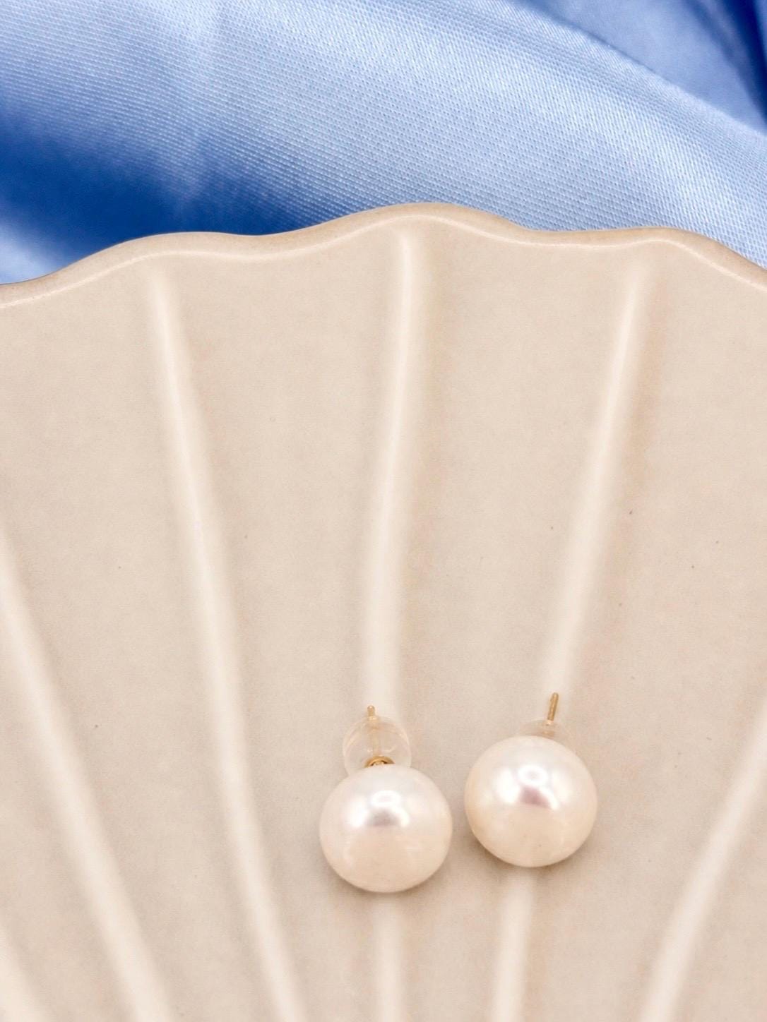 18K Solid Gold Freshwater Pearl Stud Earrings – 9mm Classic Minimalist Jewelry