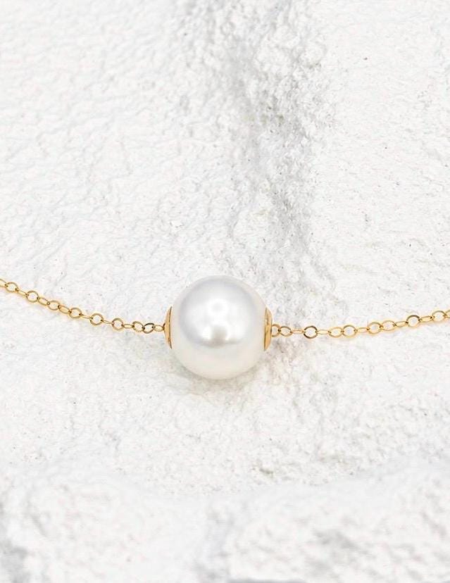18K Solid Gold Floating Pearl Necklace, Minimalist Freshwater Pendant, Hallmarked Fine Jewelry