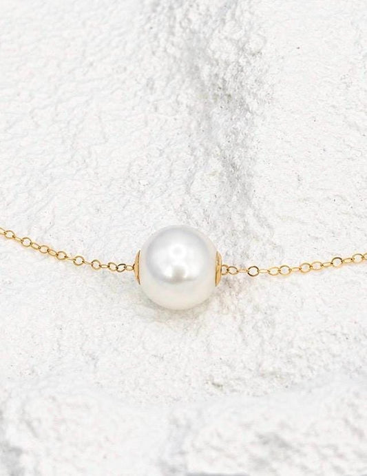 18K Solid Gold Floating Pearl Necklace, Minimalist Freshwater Pendant, Hallmarked Fine Jewelry