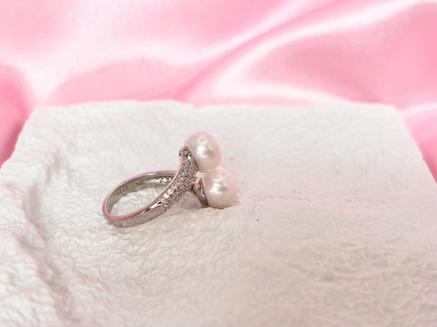 Double Freshwater Pearl Open Ring – Sterling Silver, Cubic Zirconia, Minimalist Statement Jewelry