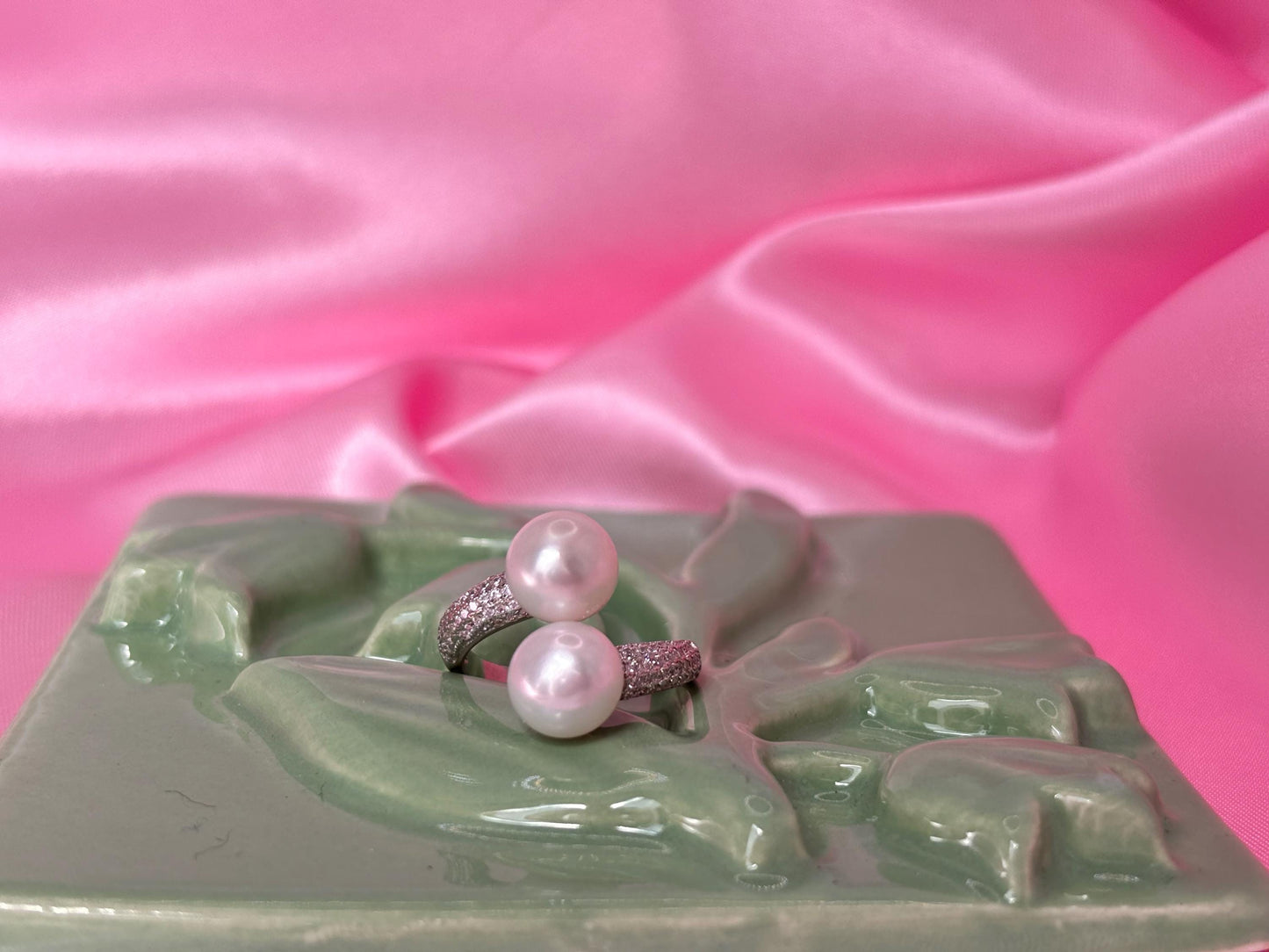 Double Freshwater Pearl Open Ring – Sterling Silver, Cubic Zirconia, Minimalist Statement Jewelry