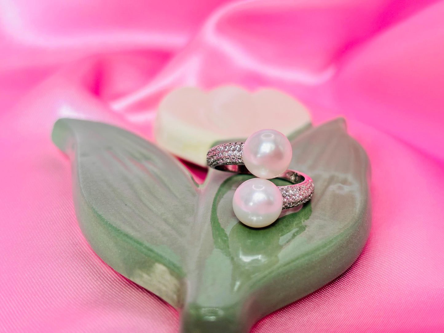 Double Freshwater Pearl Open Ring – Sterling Silver, Cubic Zirconia, Minimalist Statement Jewelry