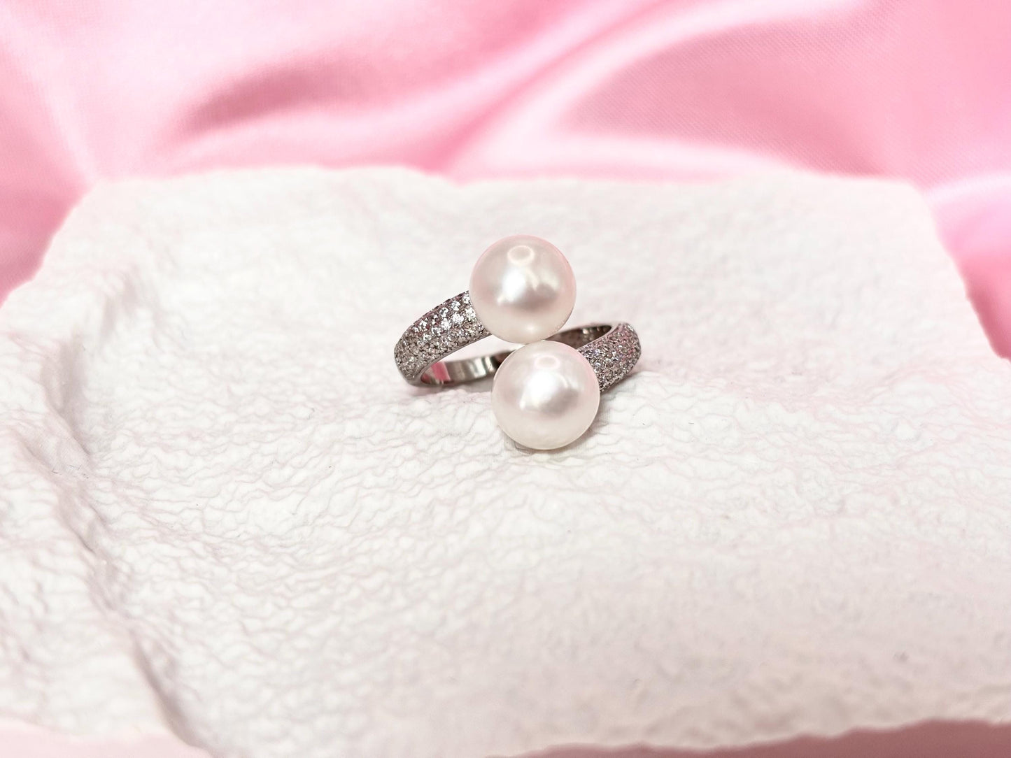 Double Freshwater Pearl Open Ring – Sterling Silver, Cubic Zirconia, Minimalist Statement Jewelry