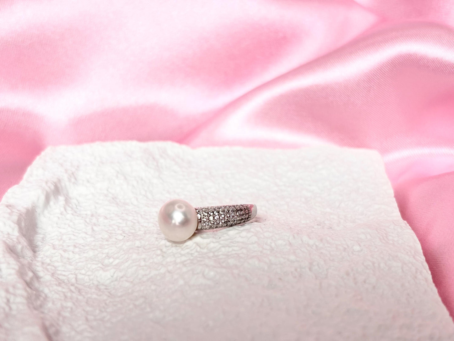 Freshwater Pearl Ring with CZ – Sterling Silver Pavé Band, Adjustable Elegant Jewelry