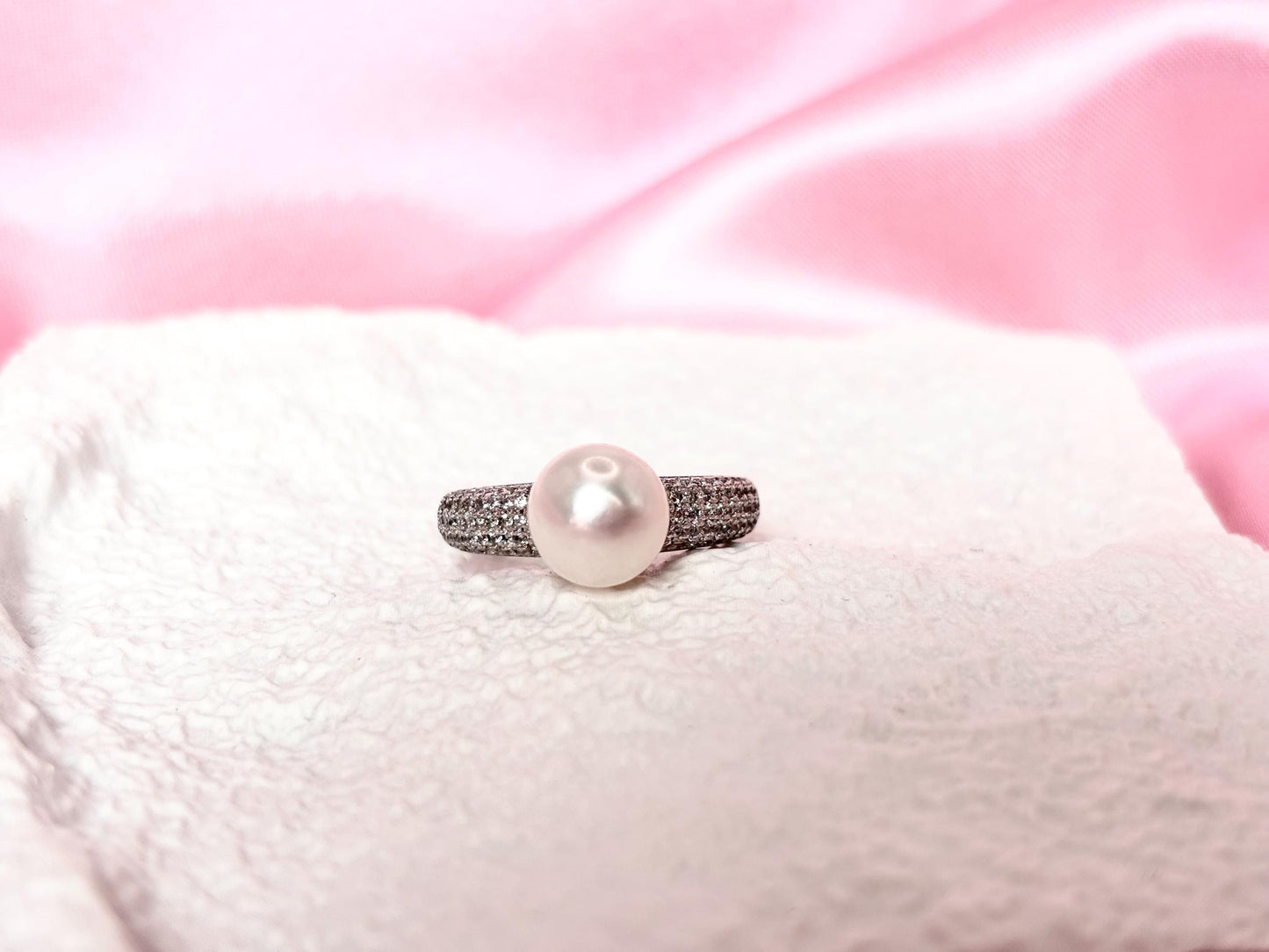 Freshwater Pearl Ring with CZ – Sterling Silver Pavé Band, Adjustable Elegant Jewelry