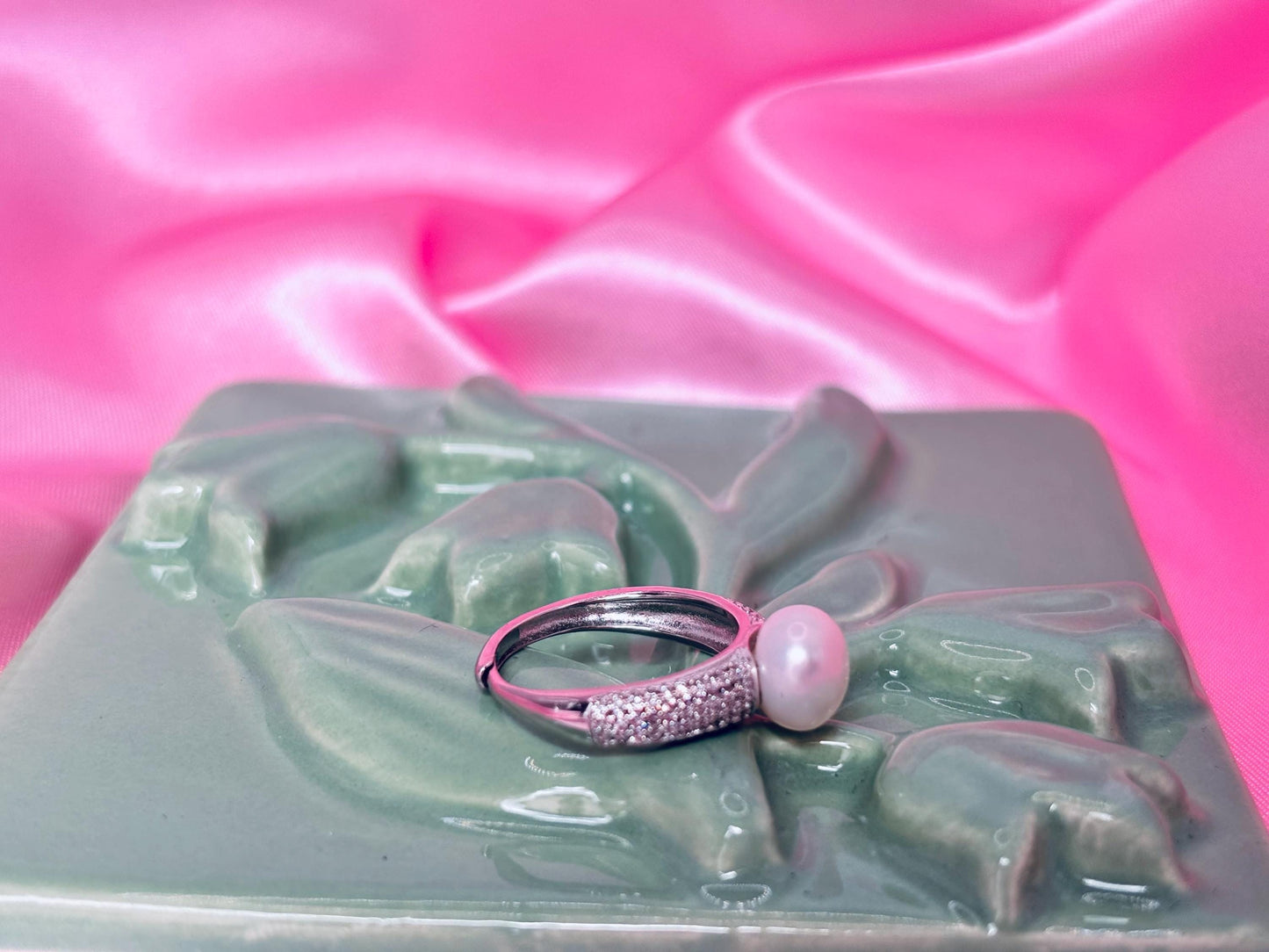 Freshwater Pearl Ring with CZ – Sterling Silver Pavé Band, Adjustable Elegant Jewelry