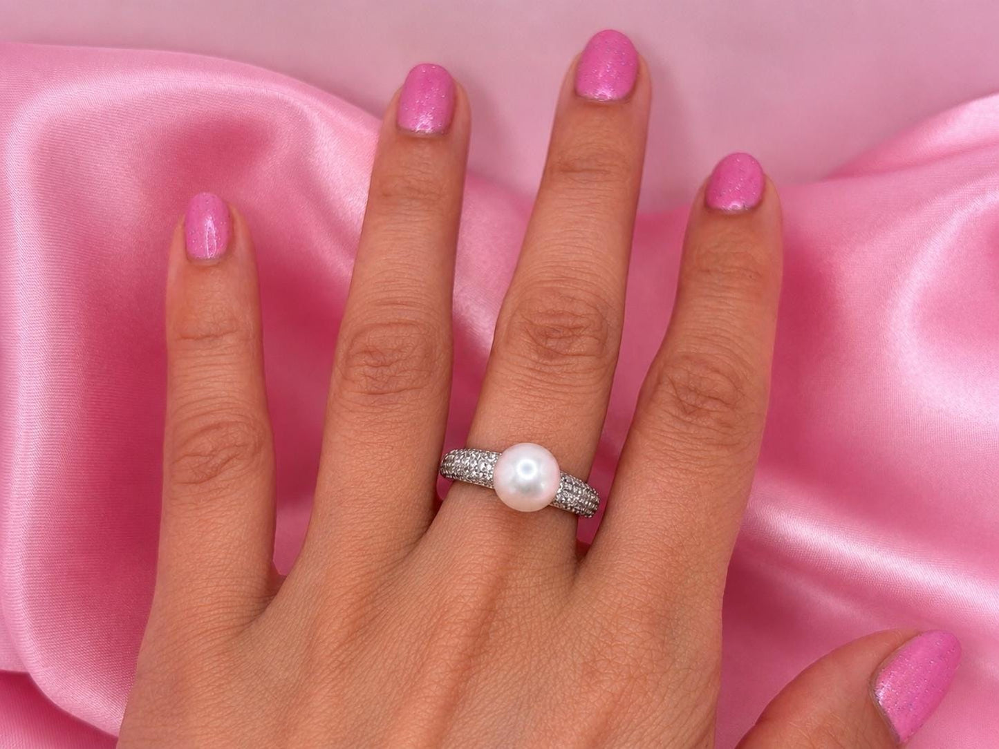Freshwater Pearl Ring with CZ – Sterling Silver Pavé Band, Adjustable Elegant Jewelry