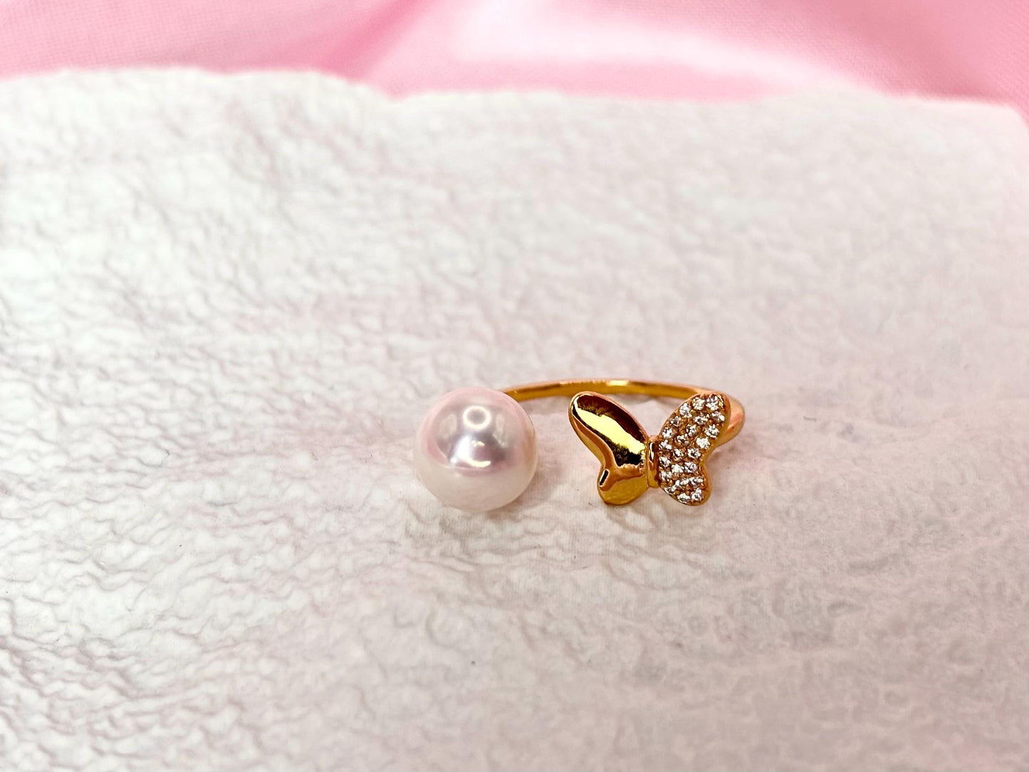 Freshwater Pearl Butterfly Ring, 18K Gold Plated Sterling Silver, CZ Pave Open Band
