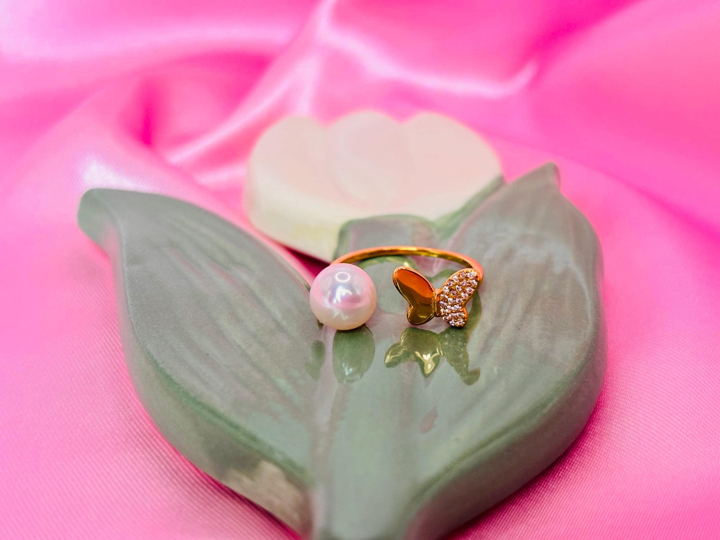 Freshwater Pearl Butterfly Ring, 18K Gold Plated Sterling Silver, CZ Pave Open Band