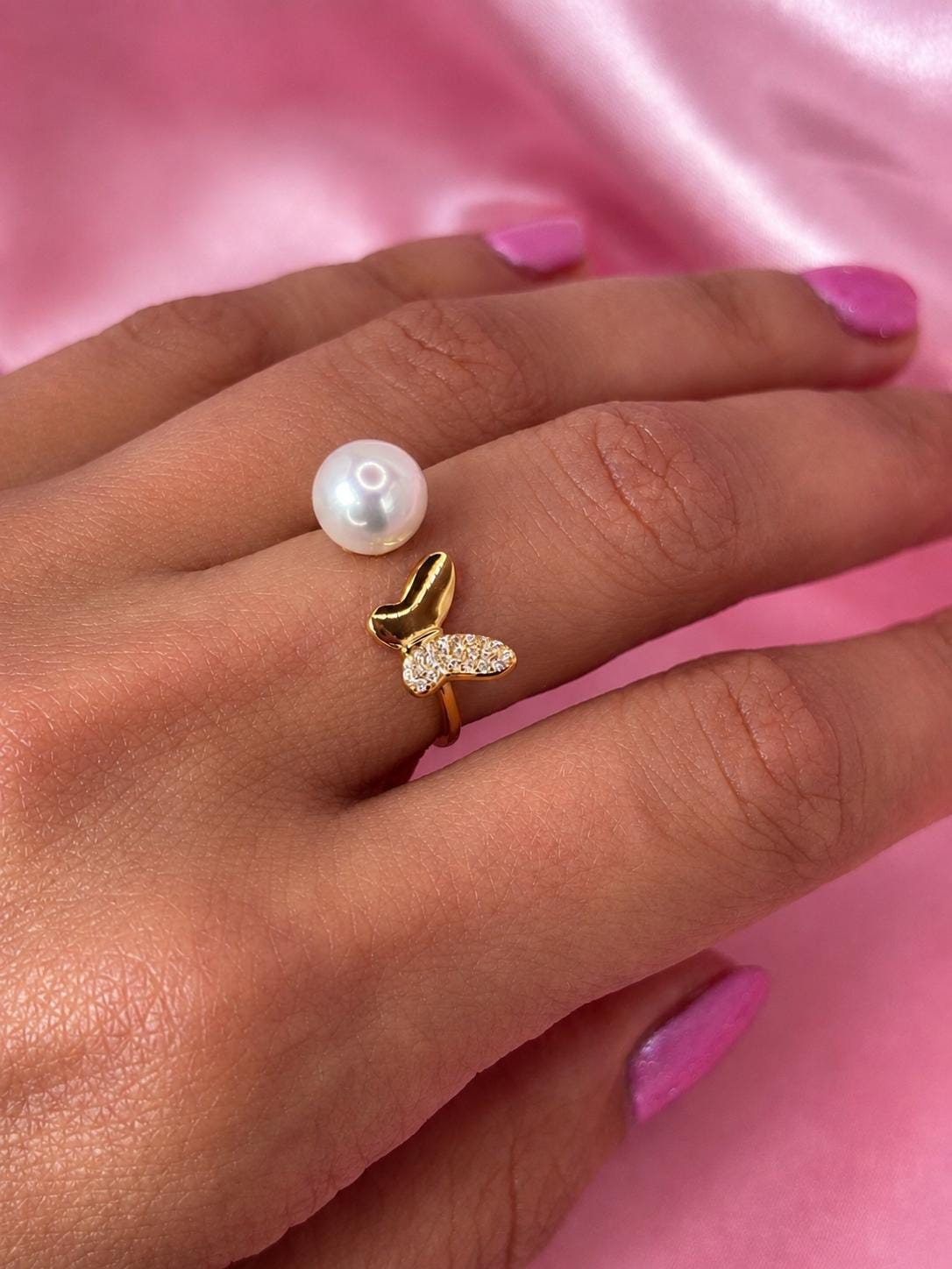 Freshwater Pearl Butterfly Ring, 18K Gold Plated Sterling Silver, CZ Pave Open Band