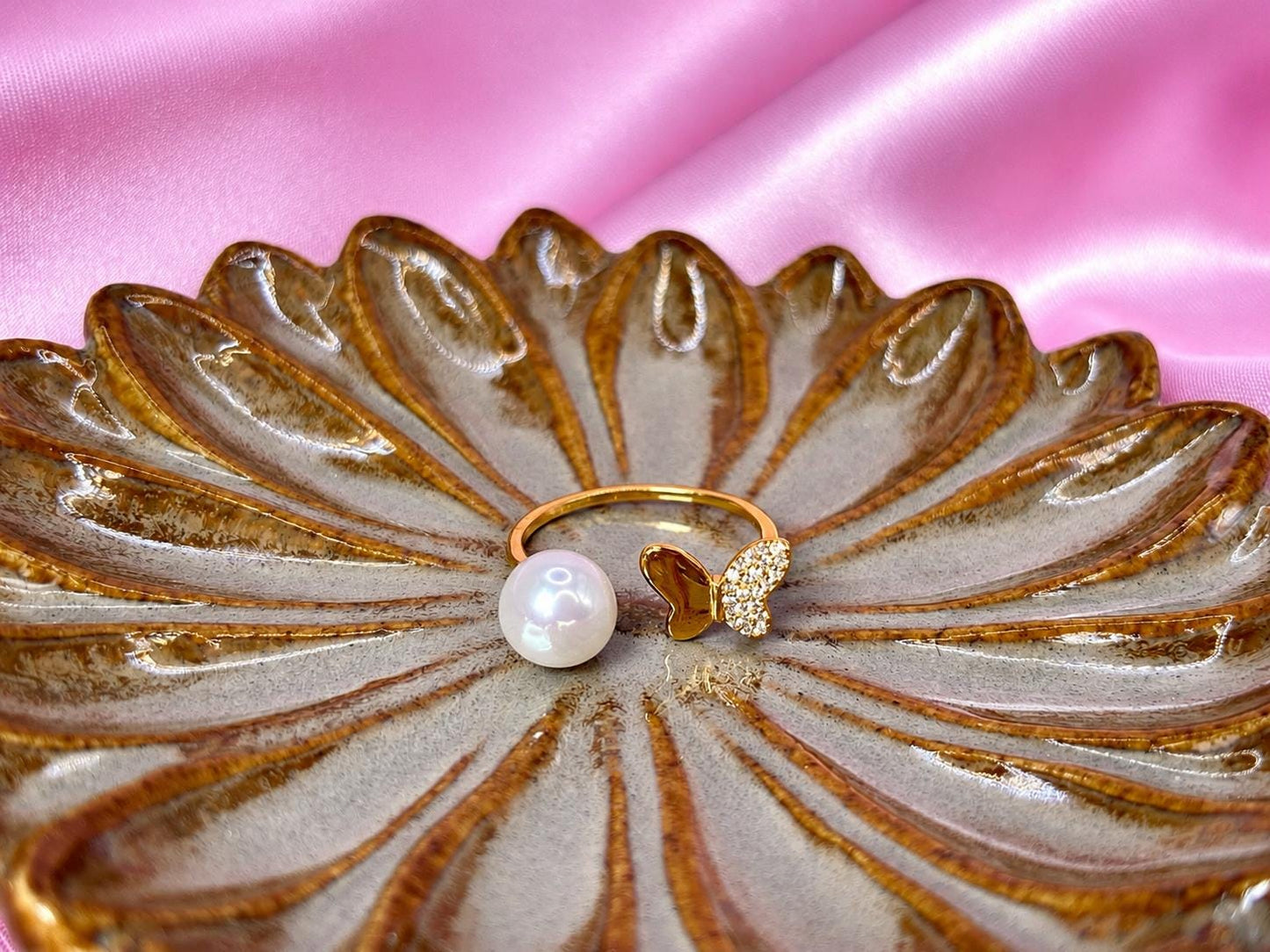 Freshwater Pearl Butterfly Ring, 18K Gold Plated Sterling Silver, CZ Pave Open Band