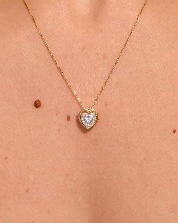 2 Carat Heart Moissanite Necklace, 18K Yellow Gold Halo Pendant, Everyday Elegant Jewelry