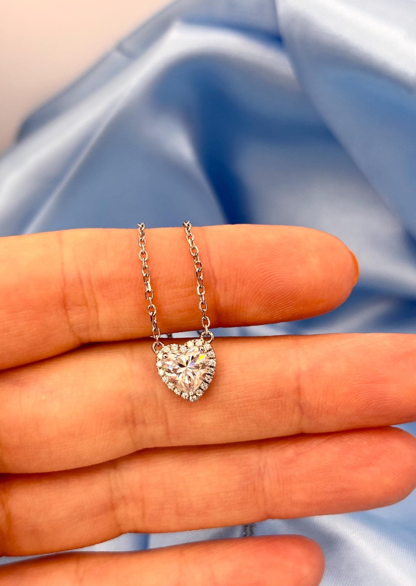 1 Carat Heart Moissanite Necklace, Delicate Halo, Romantic Gift for Her, White Gold Plated