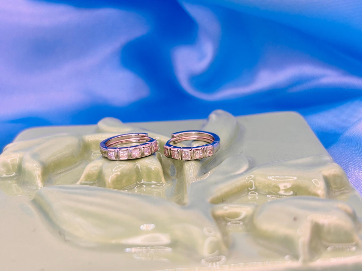 Sterling Silver Moissanite Huggie Earrings, Small Hoop Earrings with Diamond Look Stones