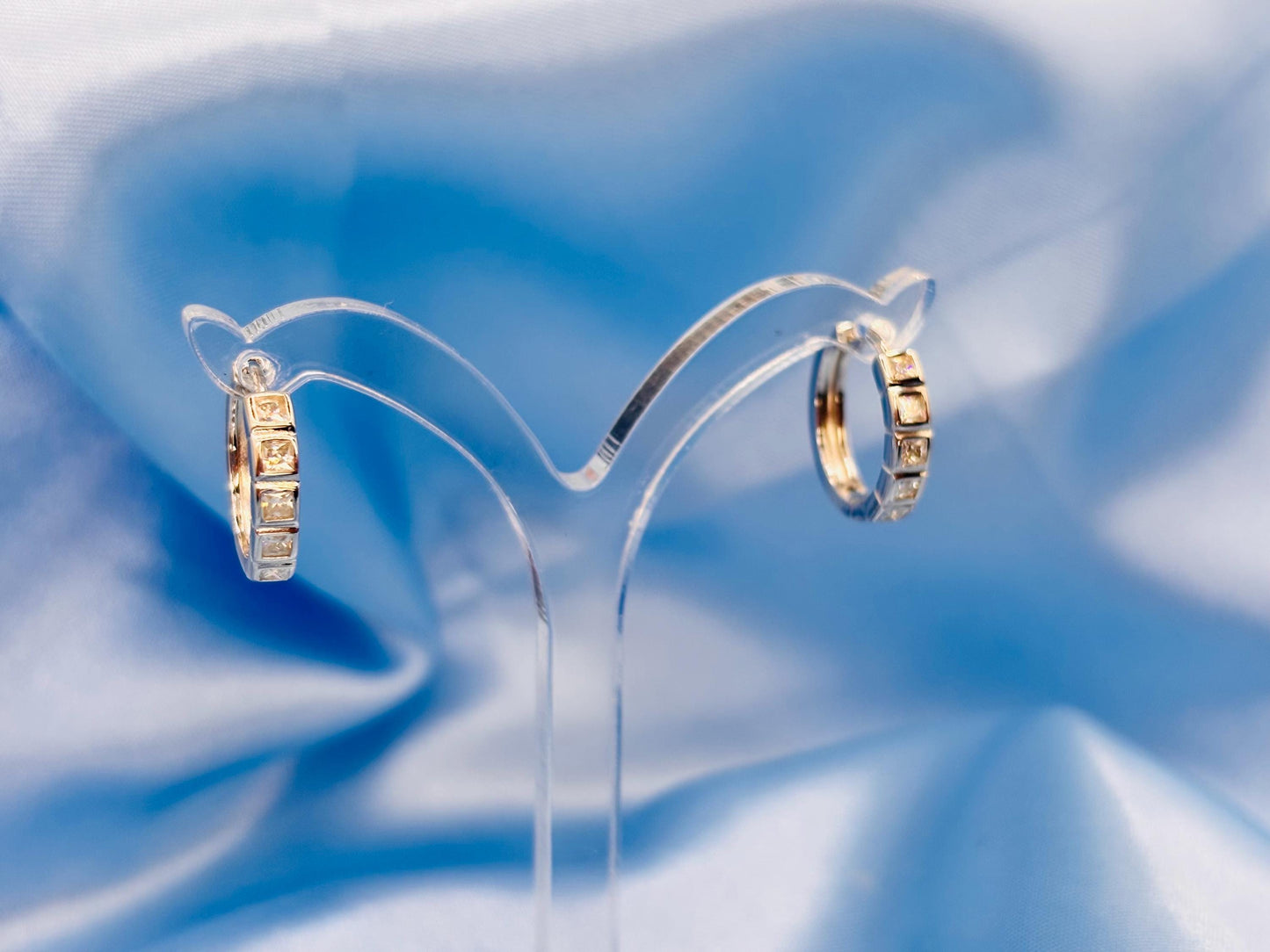 Sterling Silver Moissanite Huggie Earrings, Small Hoop Earrings with Diamond Look Stones