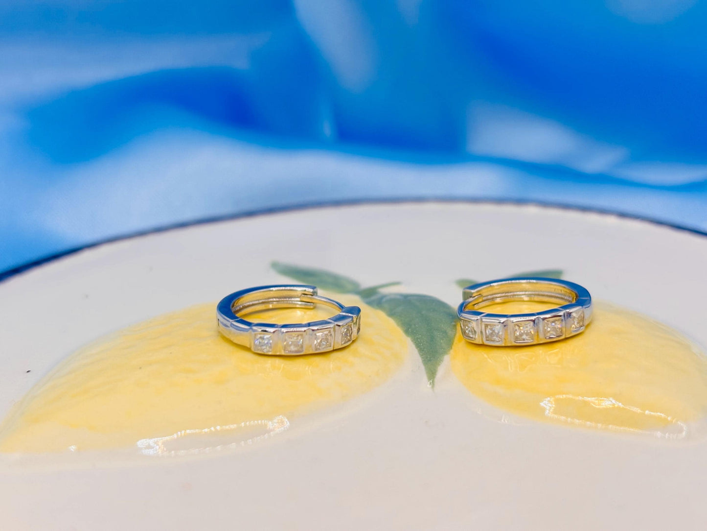 Sterling Silver Moissanite Huggie Earrings, Small Hoop Earrings with Diamond Look Stones