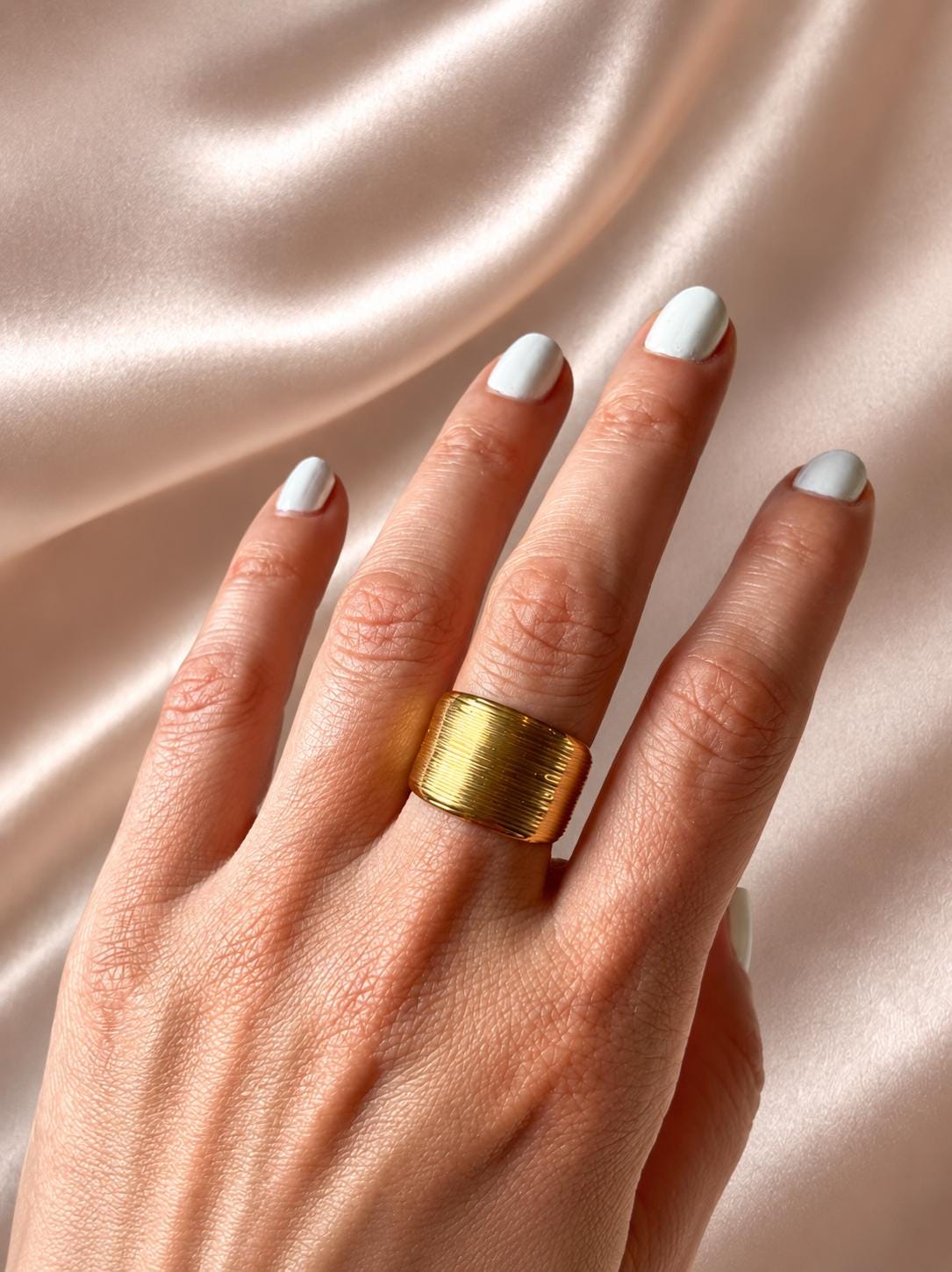 Gold Ribbed Statement Ring – Adjustable Wide Band, Modern Minimalist Jewelry