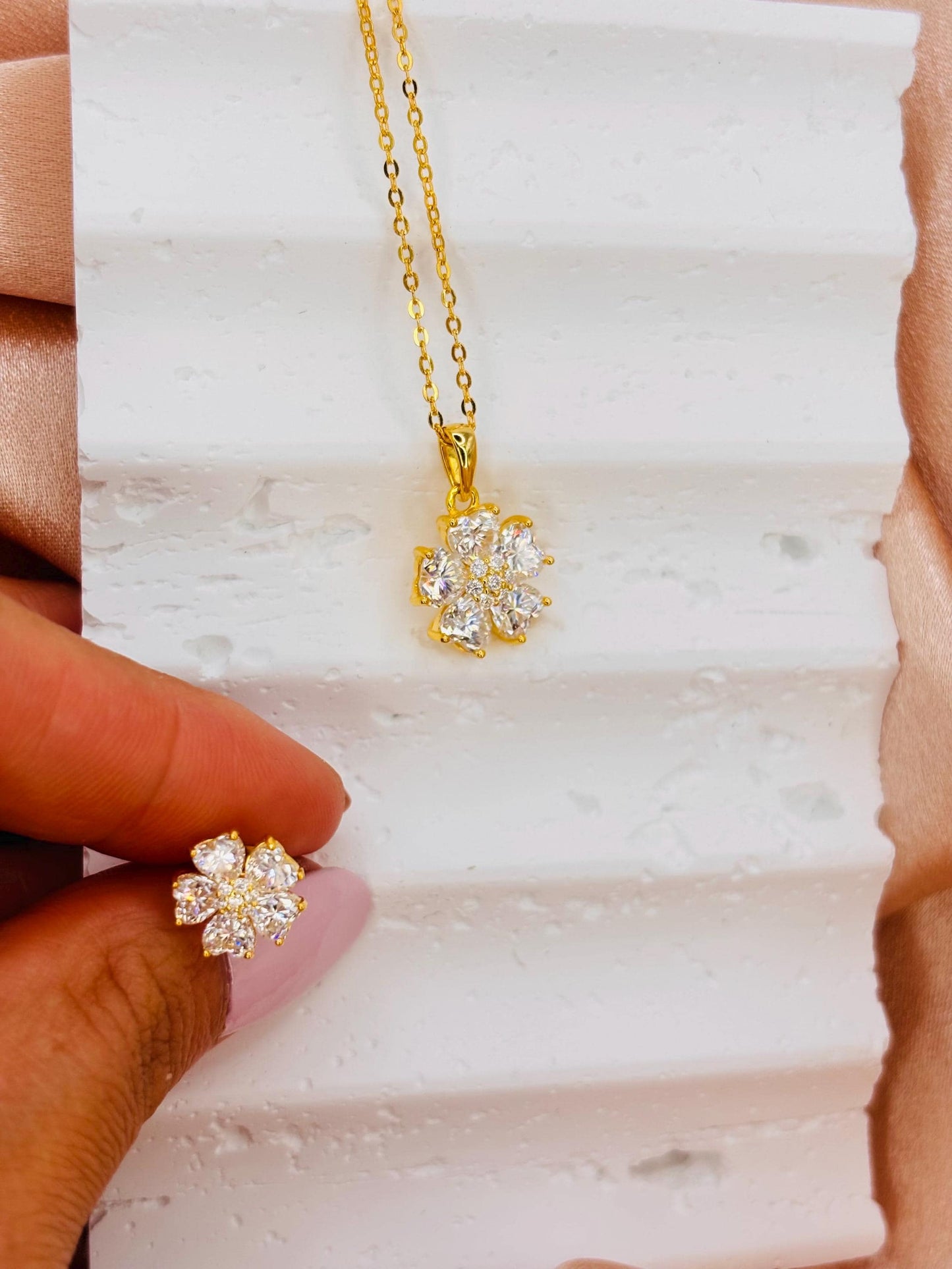 18K Gold Plated Sterling Silver Moissanite Flower Stud Earrings, Sparkling Floral Earrings