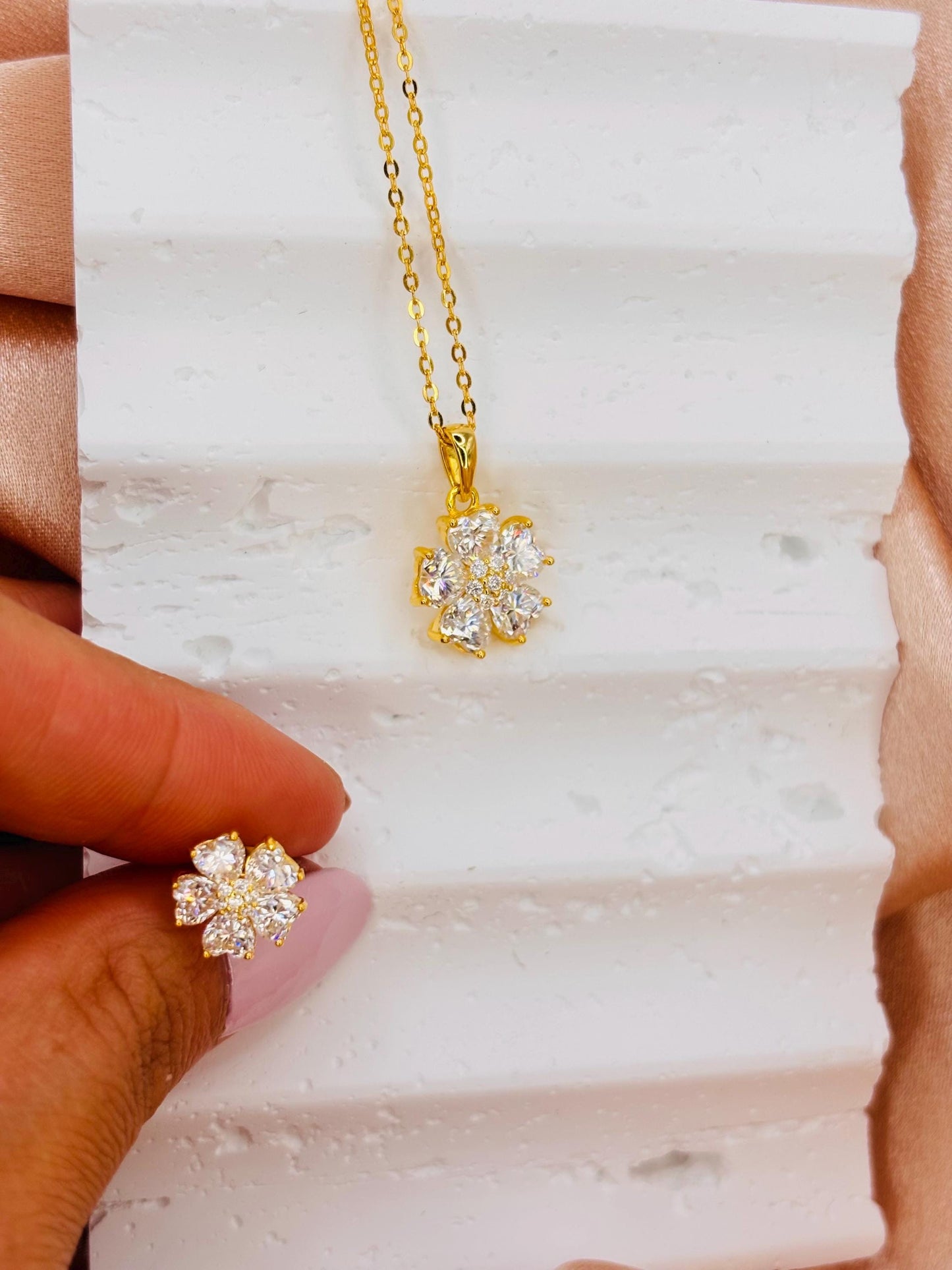 Gold Plated Moissanite Flower Jewelry Set, Floral Necklace and Earrings Set, Gift for Her