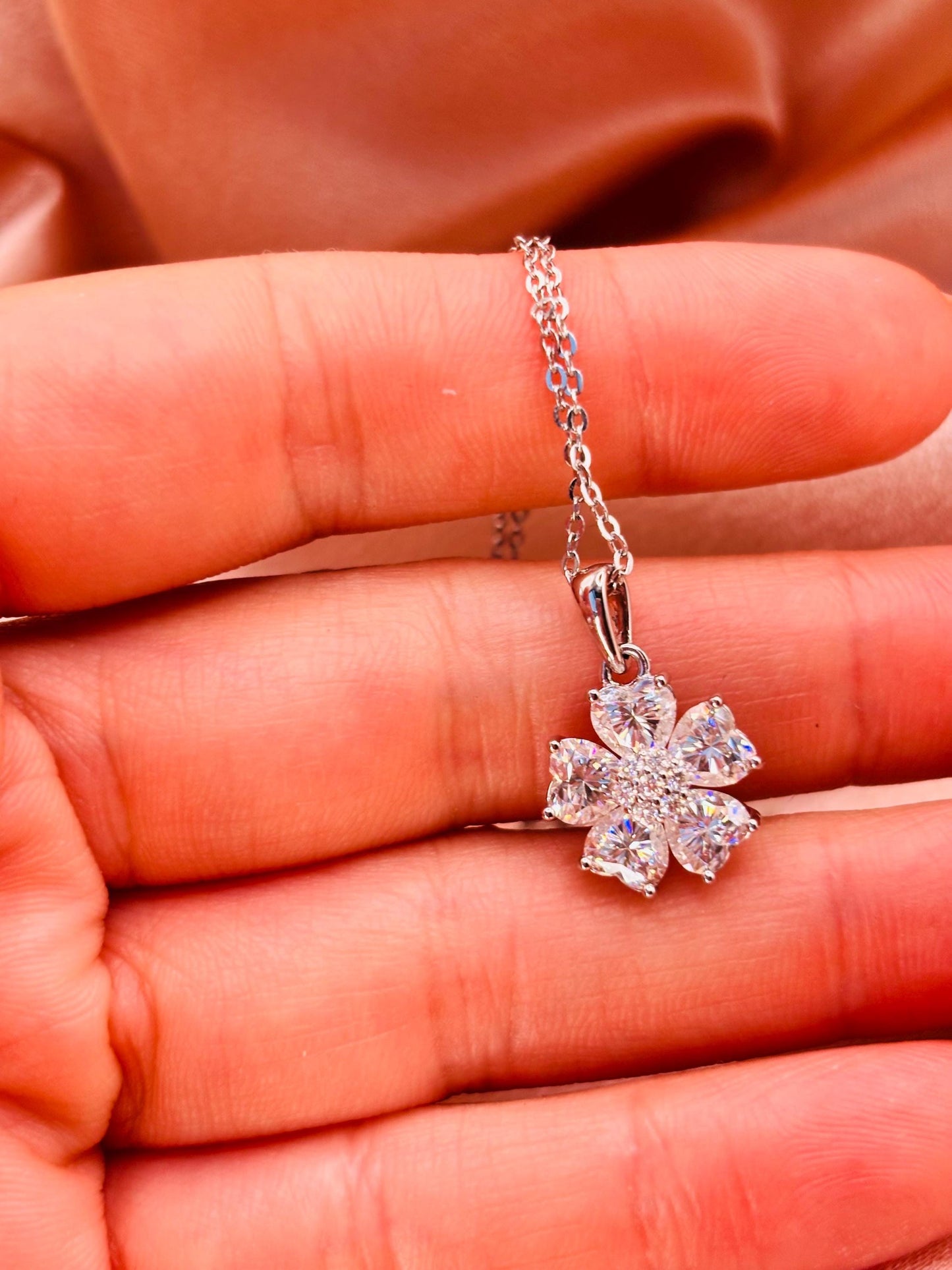 2 Carat Moissanite Flower Necklace Earrings Set, Sterling Silver Floral Jewelry