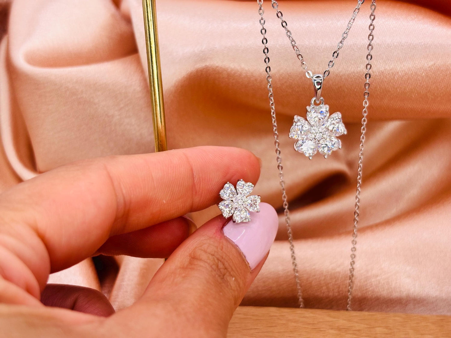 2 Carat Moissanite Flower Necklace Earrings Set, Sterling Silver Floral Jewelry
