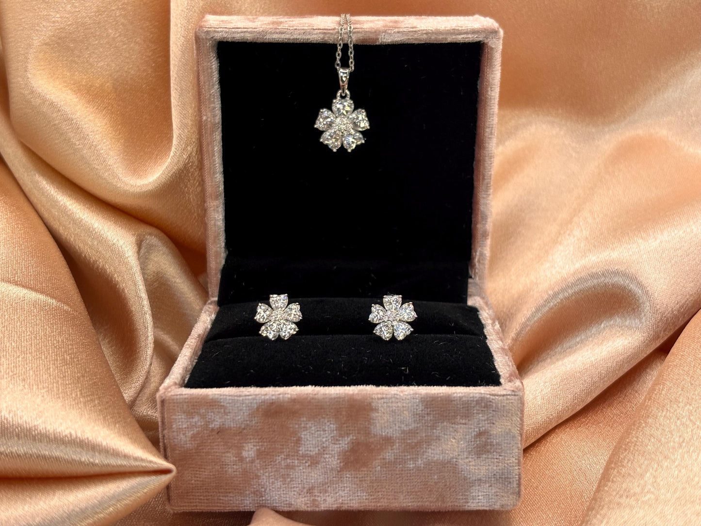 2 Carat Moissanite Flower Necklace Earrings Set, Sterling Silver Floral Jewelry