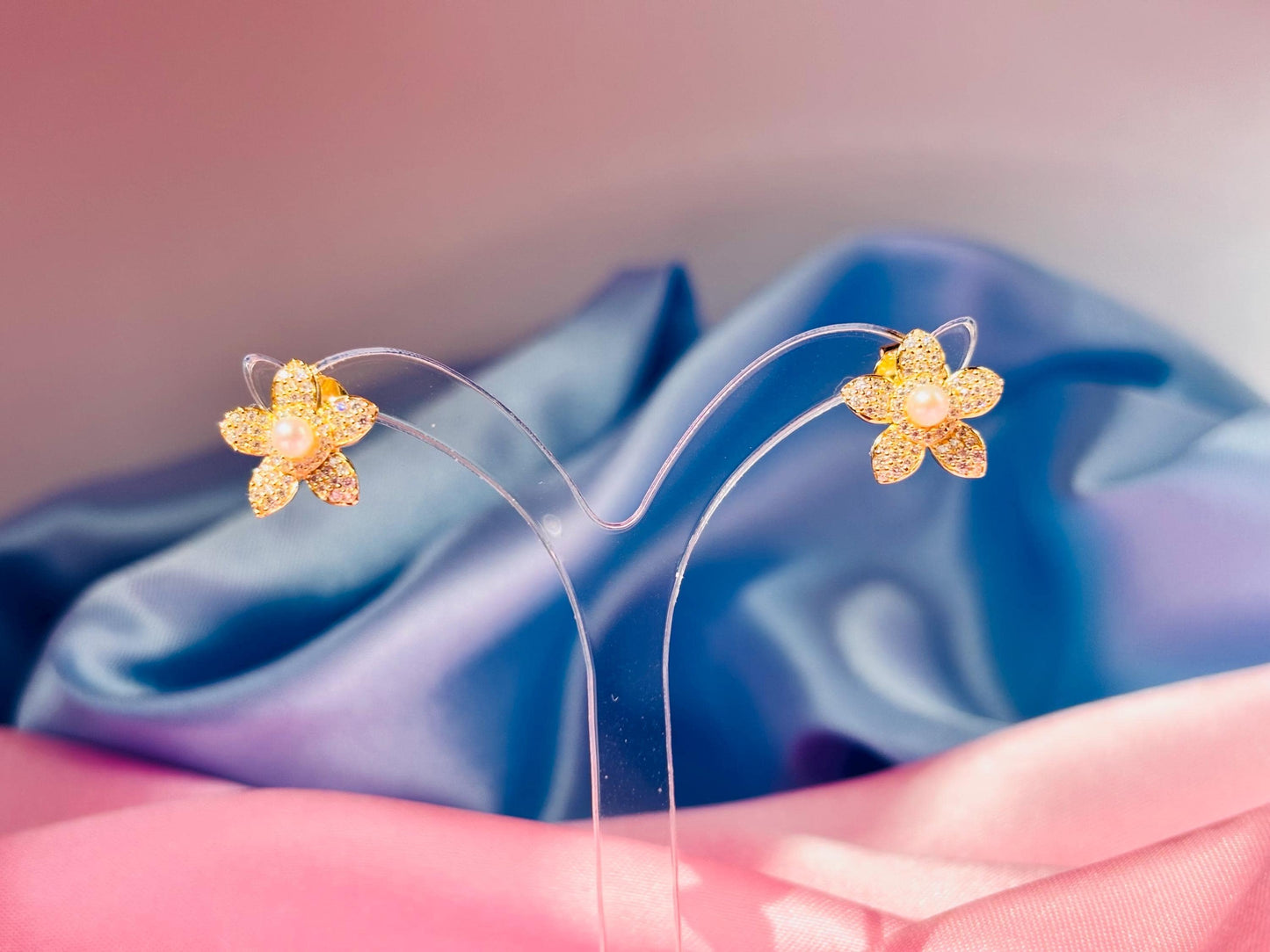 Delicate Pavé Moissanite Flower Stud Earrings, Freshwater Pearl Earrings, Gold Plated Sterling Silver