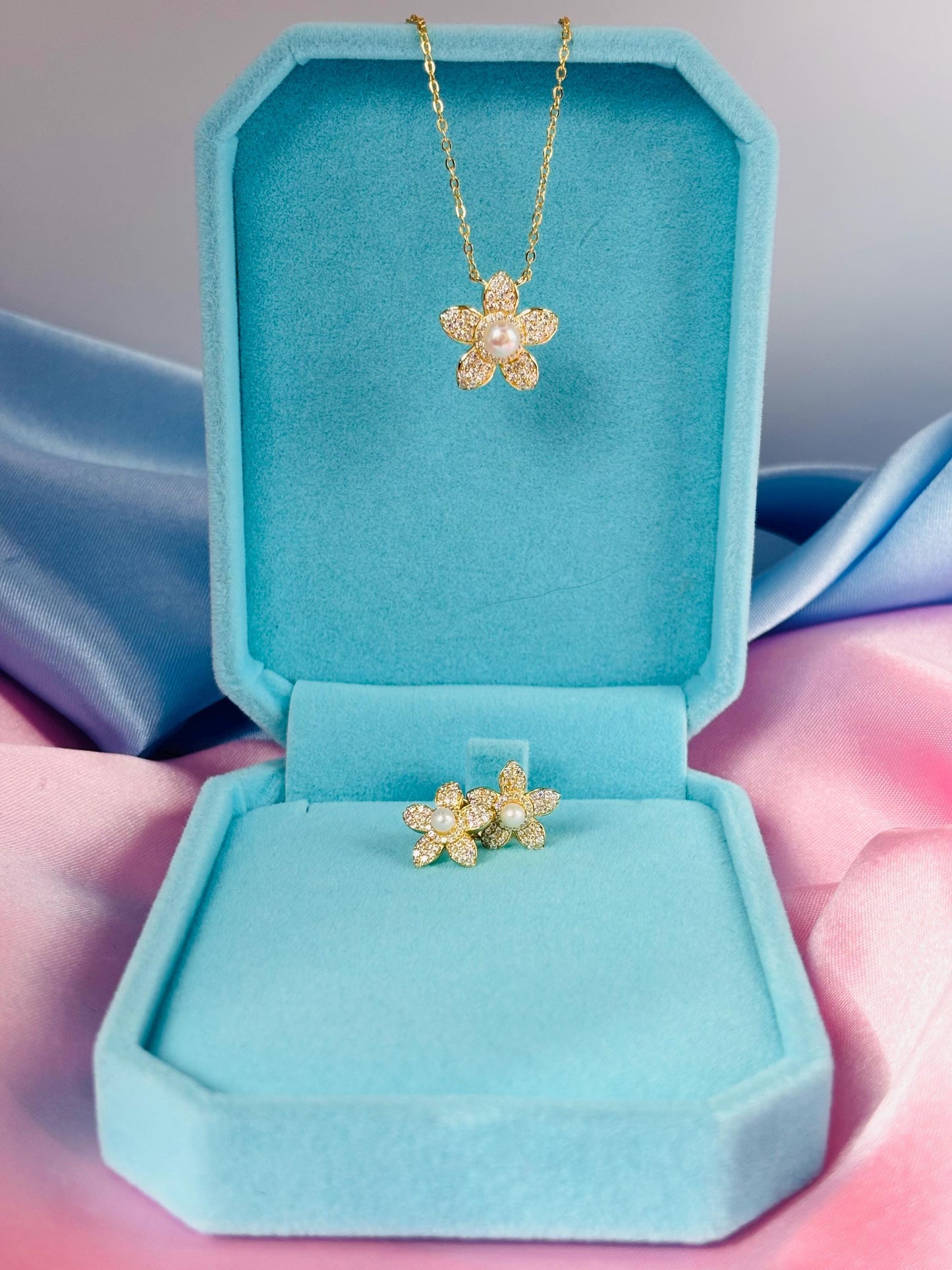 Pavé Moissanite Flower Necklace, Freshwater Pearl Pendant, Gold Plated Sterling Silver