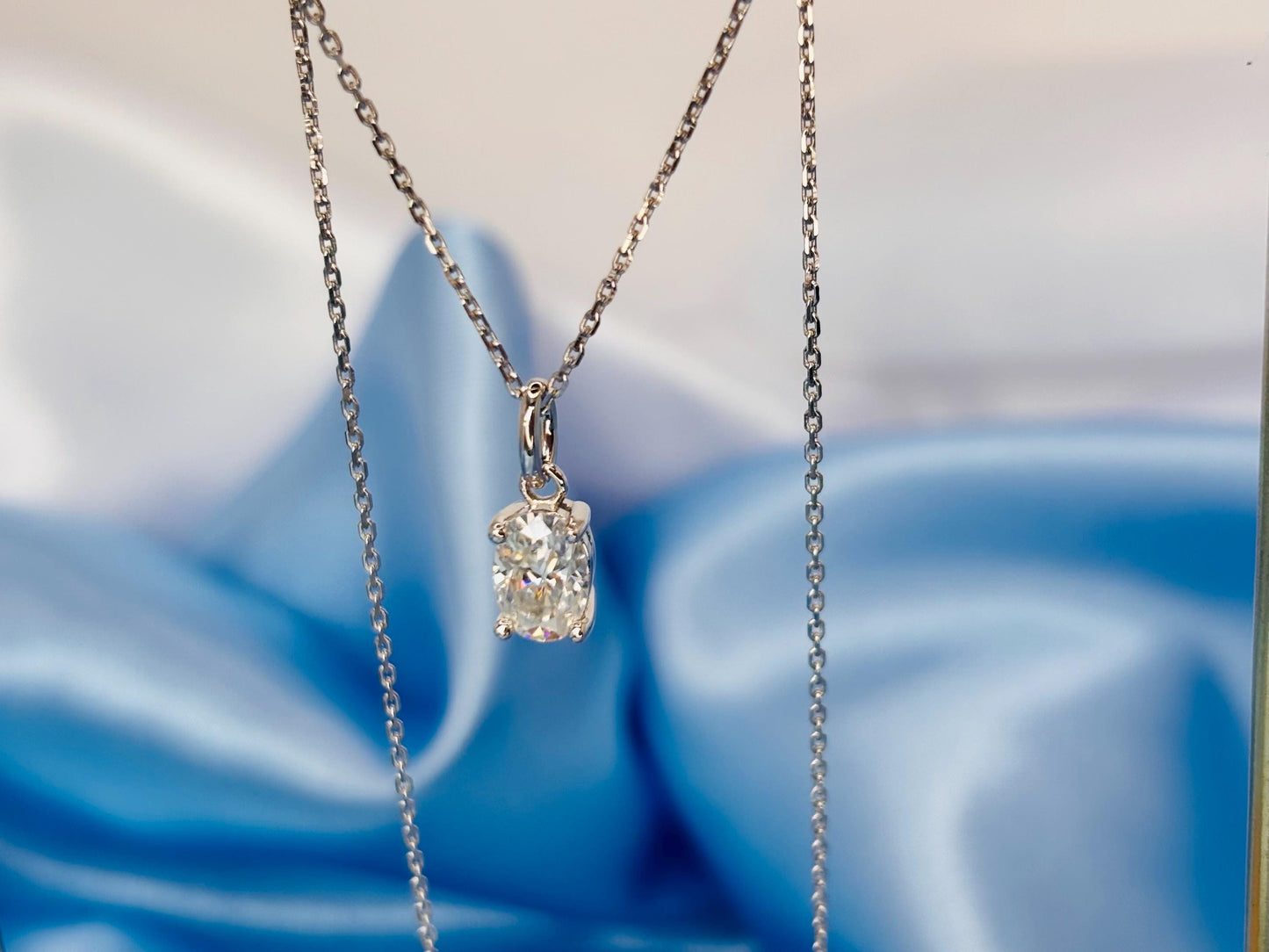 Delicate Oval Moissanite Necklace, 18K White Gold Plated Sterling Silver
