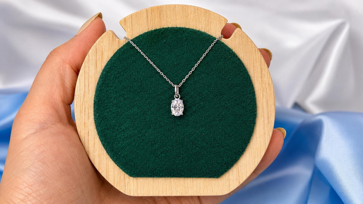 Delicate Oval Moissanite Necklace, 18K White Gold Plated Sterling Silver