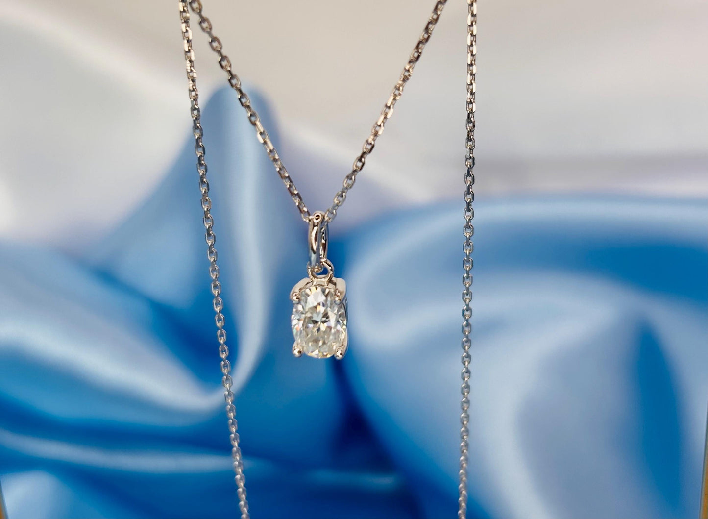 Delicate Oval Moissanite Necklace, 18K White Gold Plated Sterling Silver