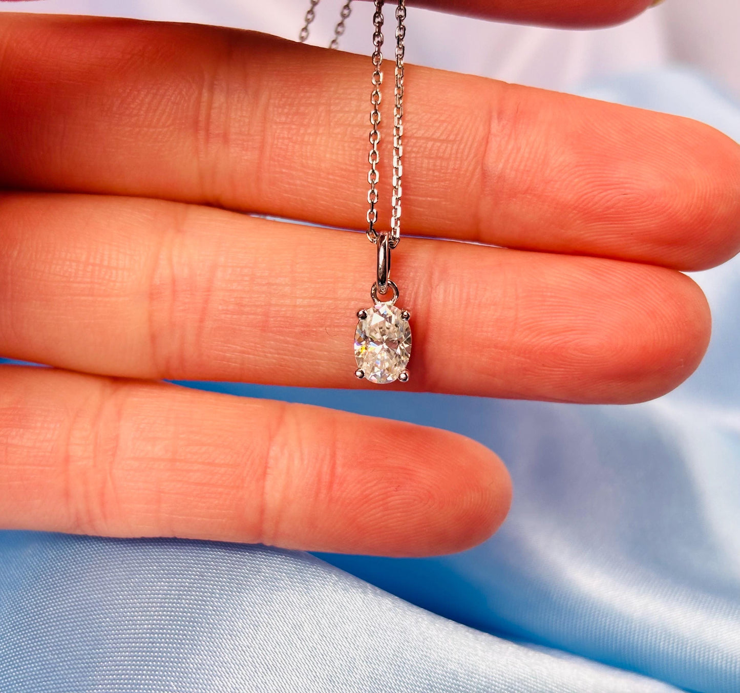 Delicate Oval Moissanite Necklace, 18K White Gold Plated Sterling Silver