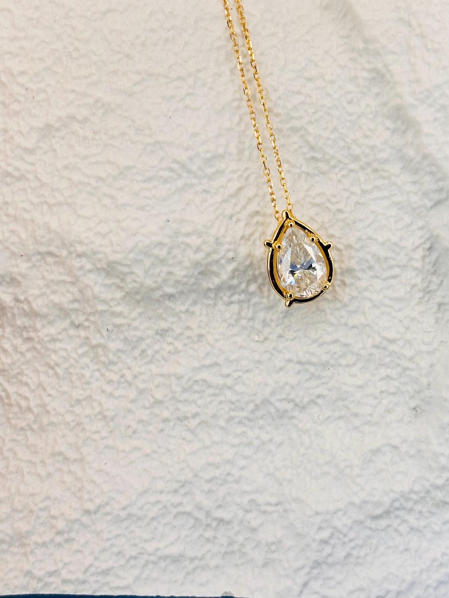 Pear Cut 2 Carat Moissanite Necklace, Diamond Look Pendant, Gold Plated Silver