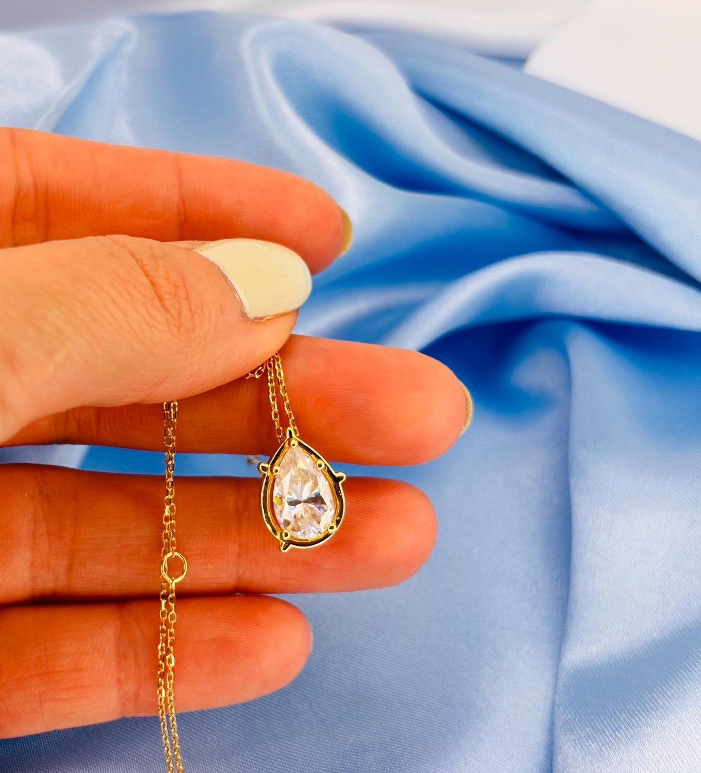 Pear Cut 2 Carat Moissanite Necklace, Diamond Look Pendant, Gold Plated Silver