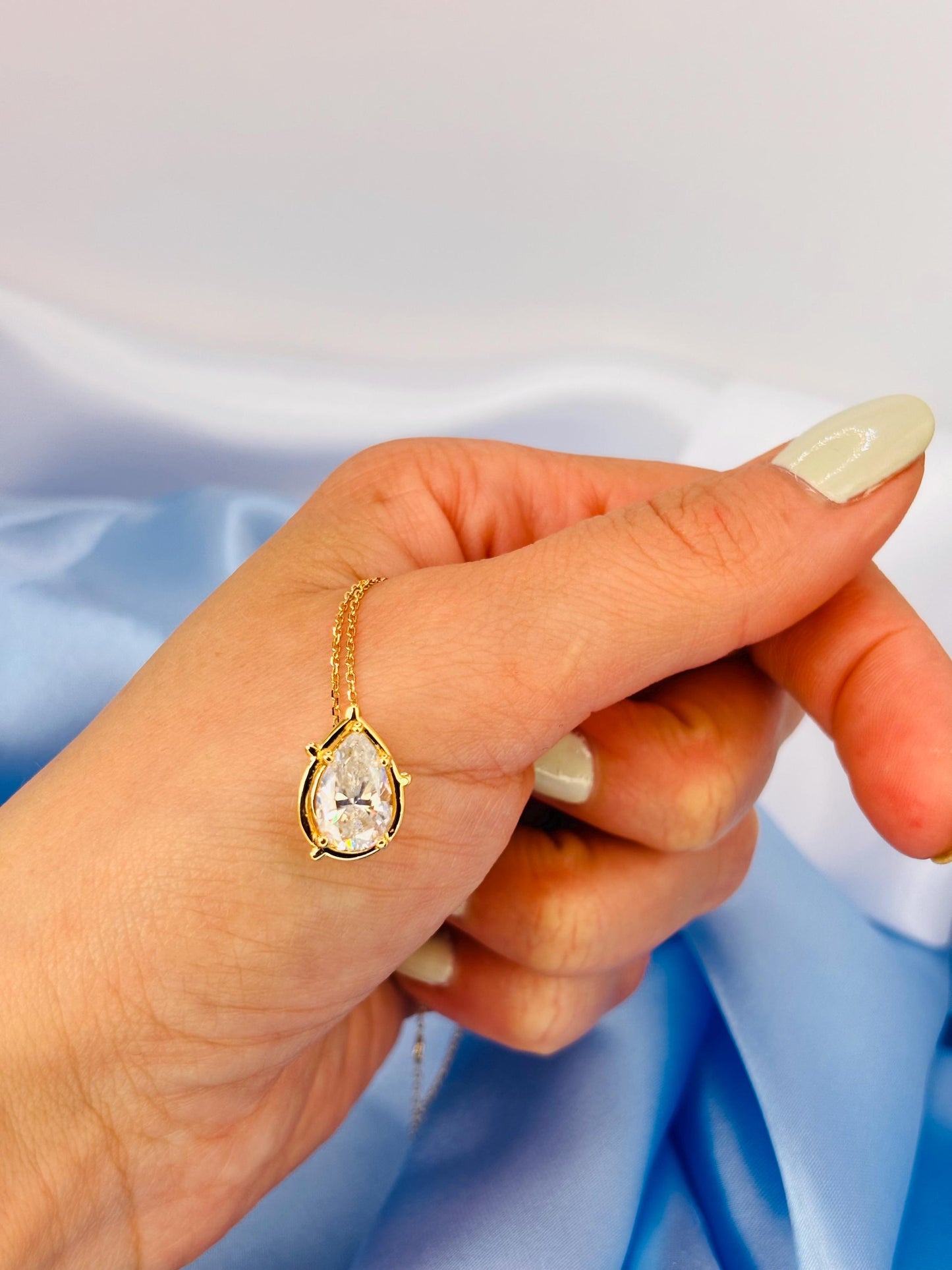 Pear Cut 2 Carat Moissanite Necklace, Diamond Look Pendant, Gold Plated Silver