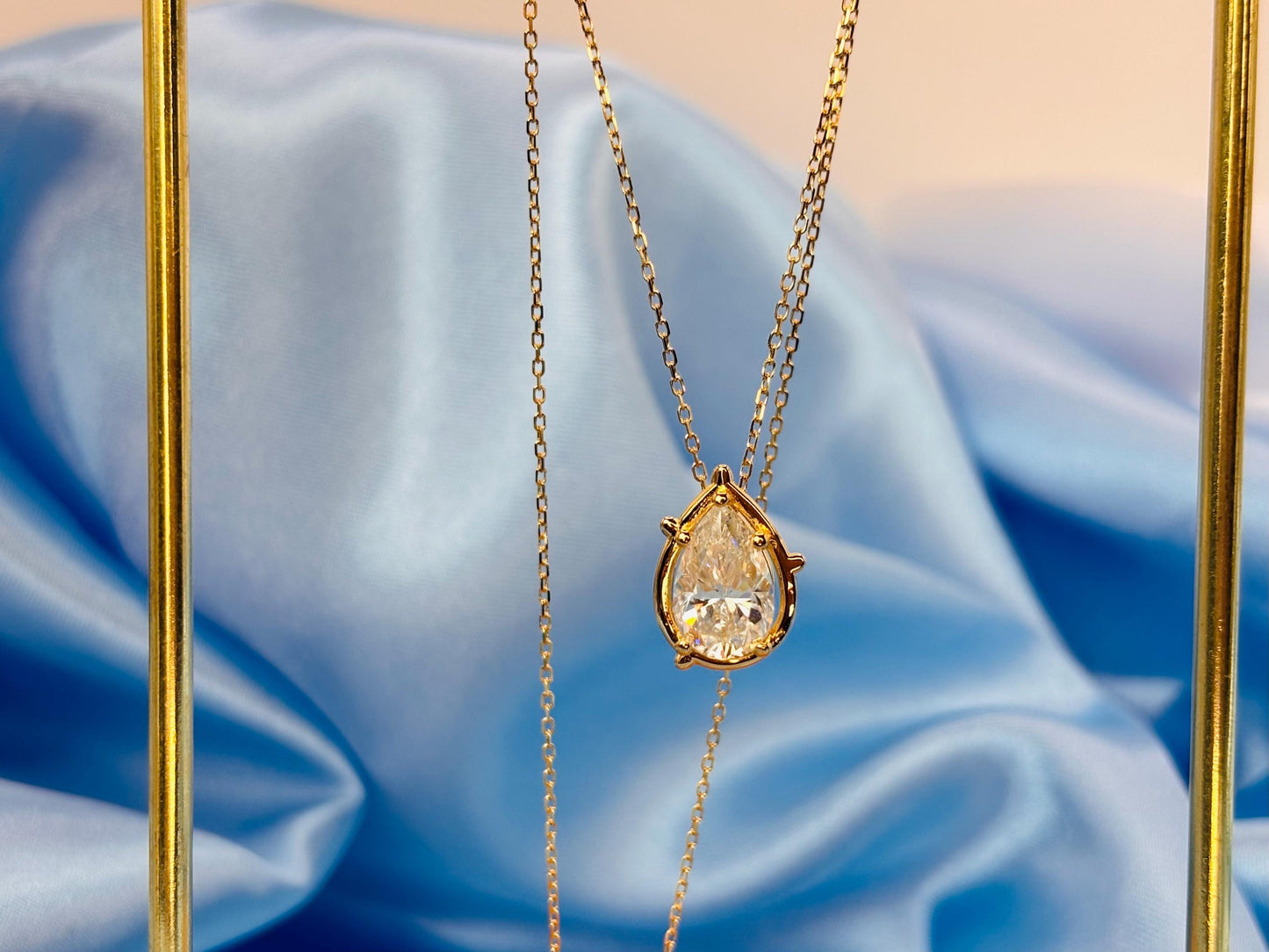 Pear Cut 2 Carat Moissanite Necklace, Diamond Look Pendant, Gold Plated Silver