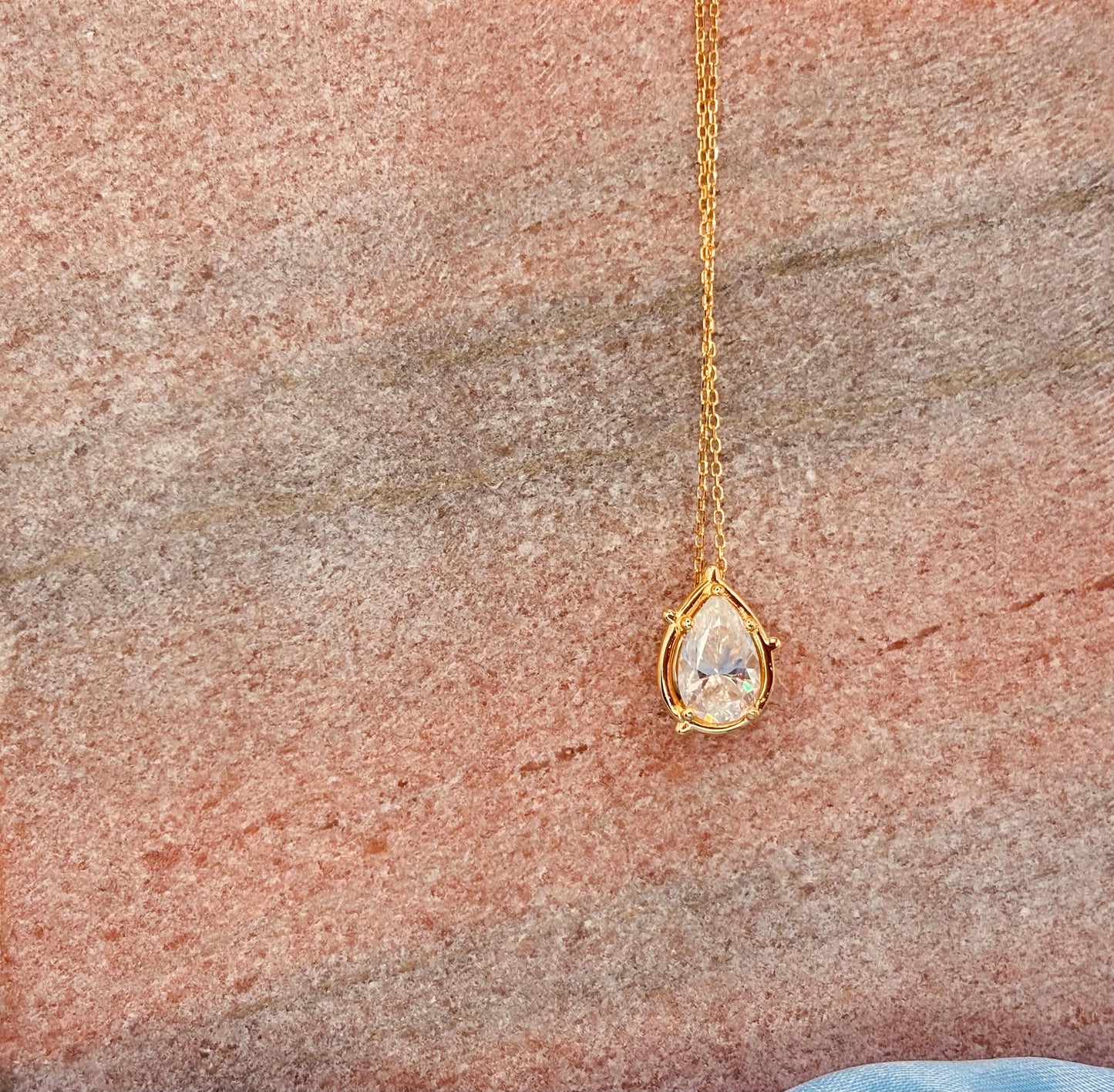 Pear Cut 2 Carat Moissanite Necklace, Diamond Look Pendant, Gold Plated Silver