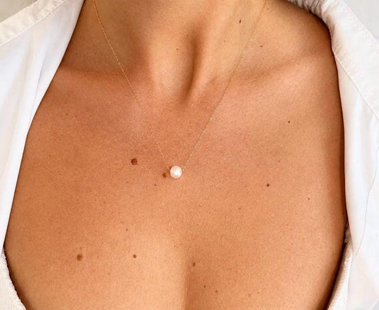 18K Solid Gold Floating Pearl Necklace, Minimalist Freshwater Pendant, Hallmarked Fine Jewelry