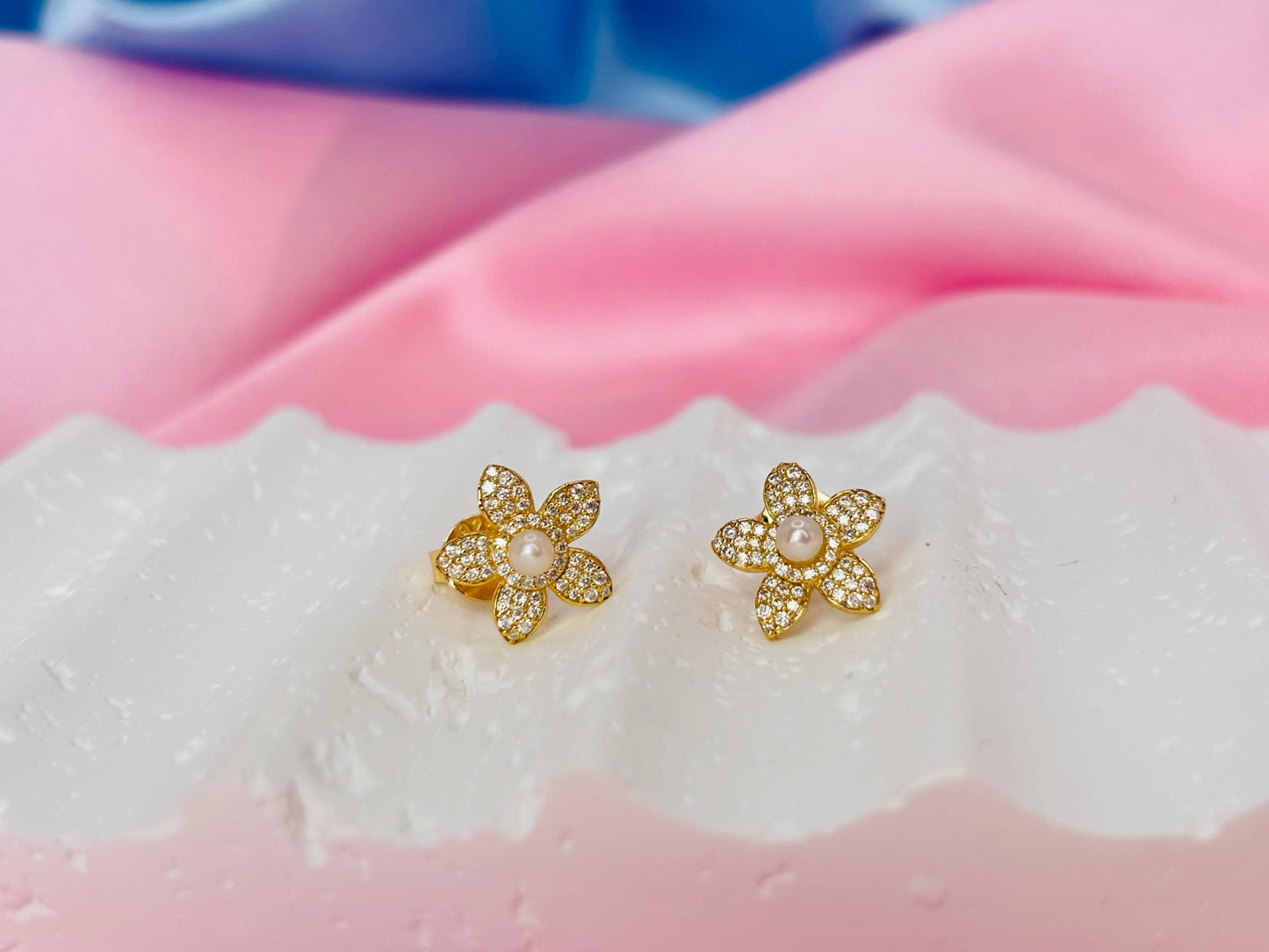 Delicate Pavé Moissanite Flower Stud Earrings, Freshwater Pearl Earrings, Gold Plated Sterling Silver