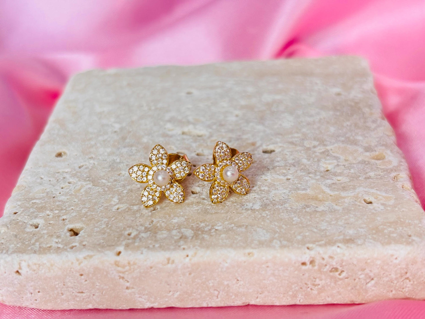 Delicate Pavé Moissanite Flower Stud Earrings, Freshwater Pearl Earrings, Gold Plated Sterling Silver