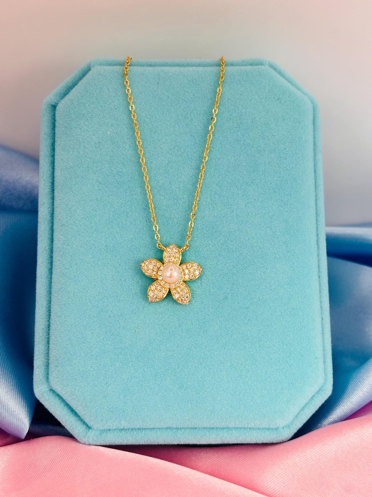 Pavé Moissanite Flower Necklace, Freshwater Pearl Pendant, Gold Plated Sterling Silver