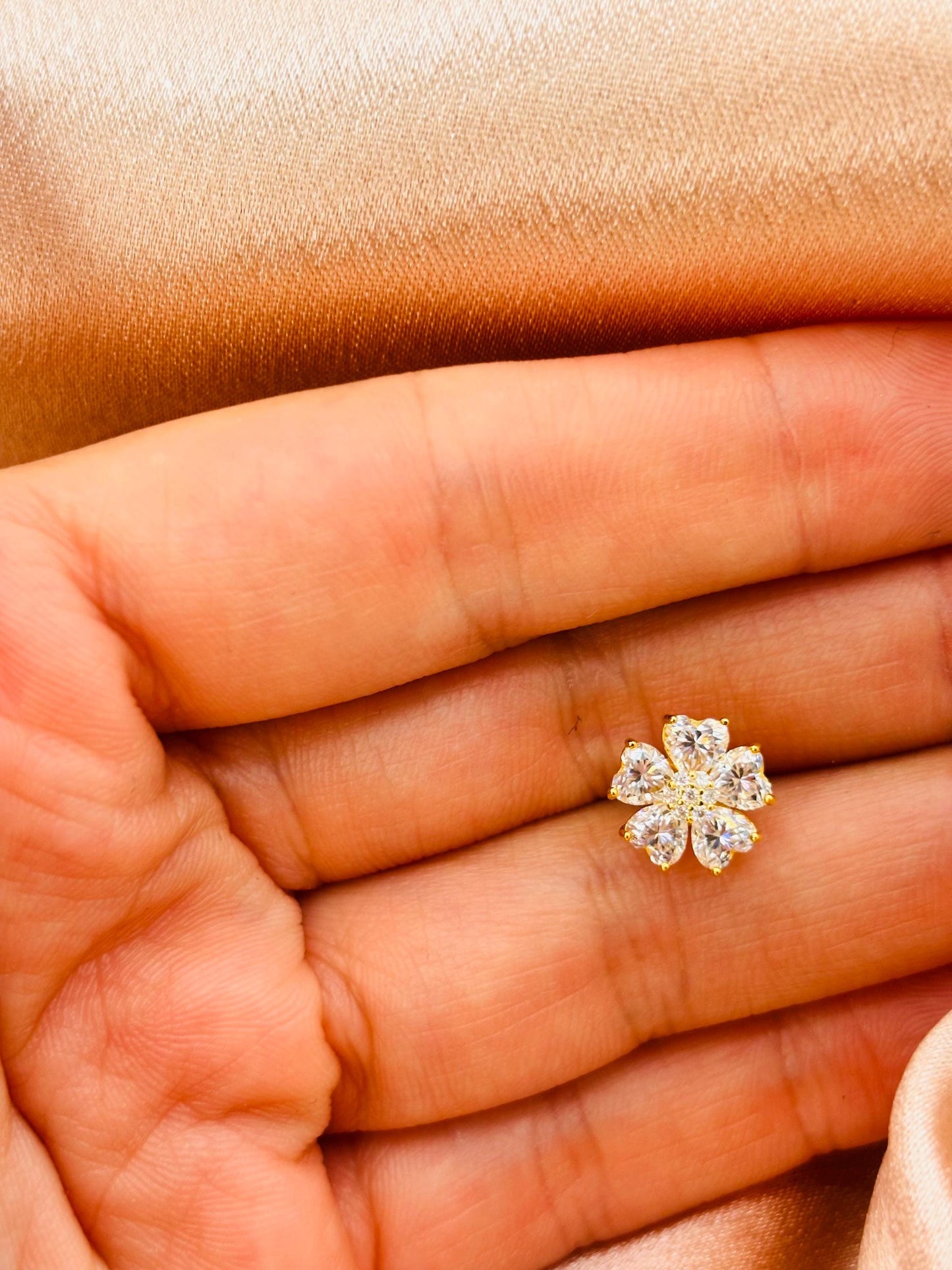 18K Gold Plated Sterling Silver Moissanite Flower Stud Earrings, Sparkling Floral Earrings