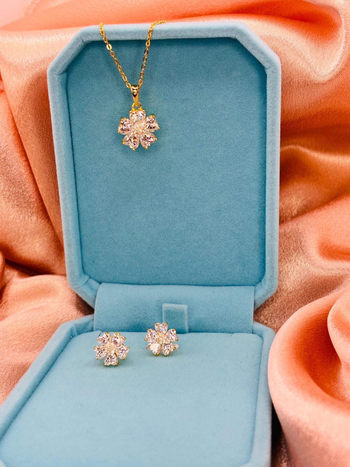 Gold Plated Moissanite Flower Jewelry Set, Floral Necklace and Earrings Set, Gift for Her