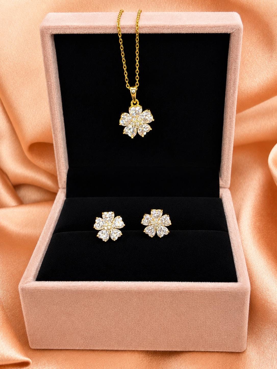 Gold Plated Moissanite Flower Jewelry Set, Floral Necklace and Earrings Set, Gift for Her