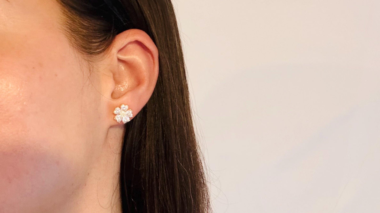 18K Gold Plated Sterling Silver Moissanite Flower Stud Earrings, Sparkling Floral Earrings