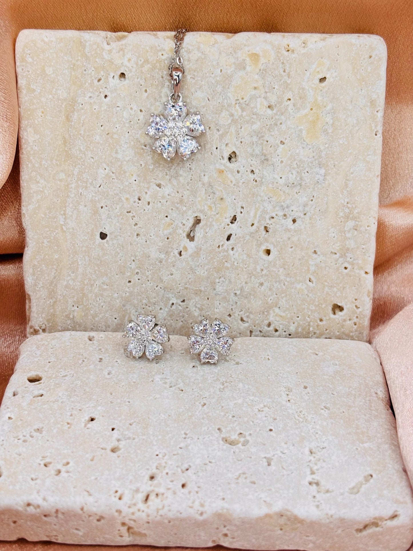 2 Carat Moissanite Flower Necklace Earrings Set, Sterling Silver Floral Jewelry