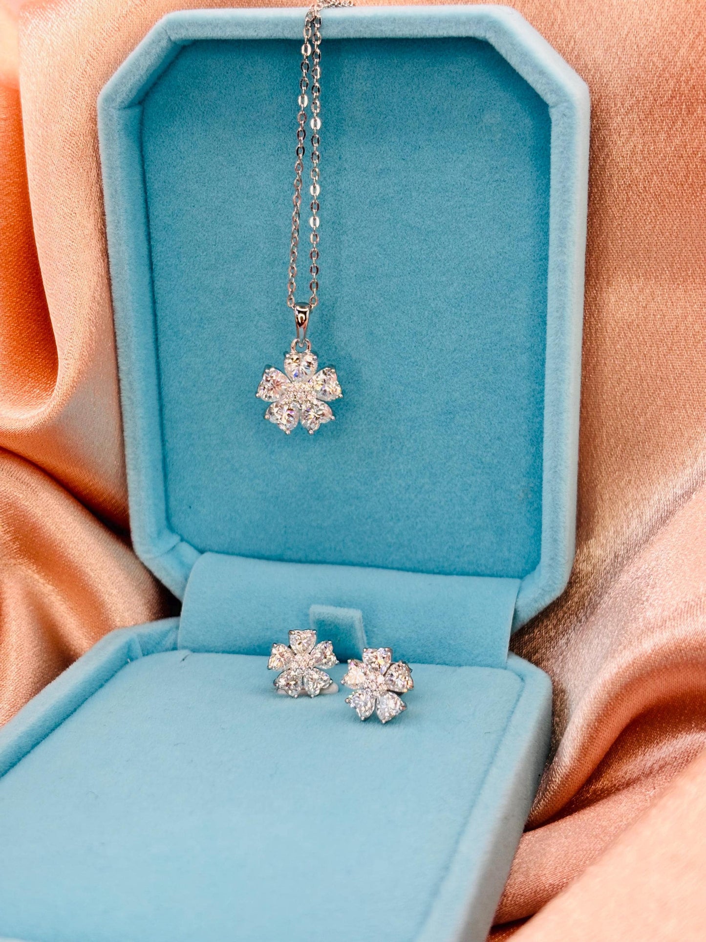 2 Carat Moissanite Flower Necklace Earrings Set, Sterling Silver Floral Jewelry
