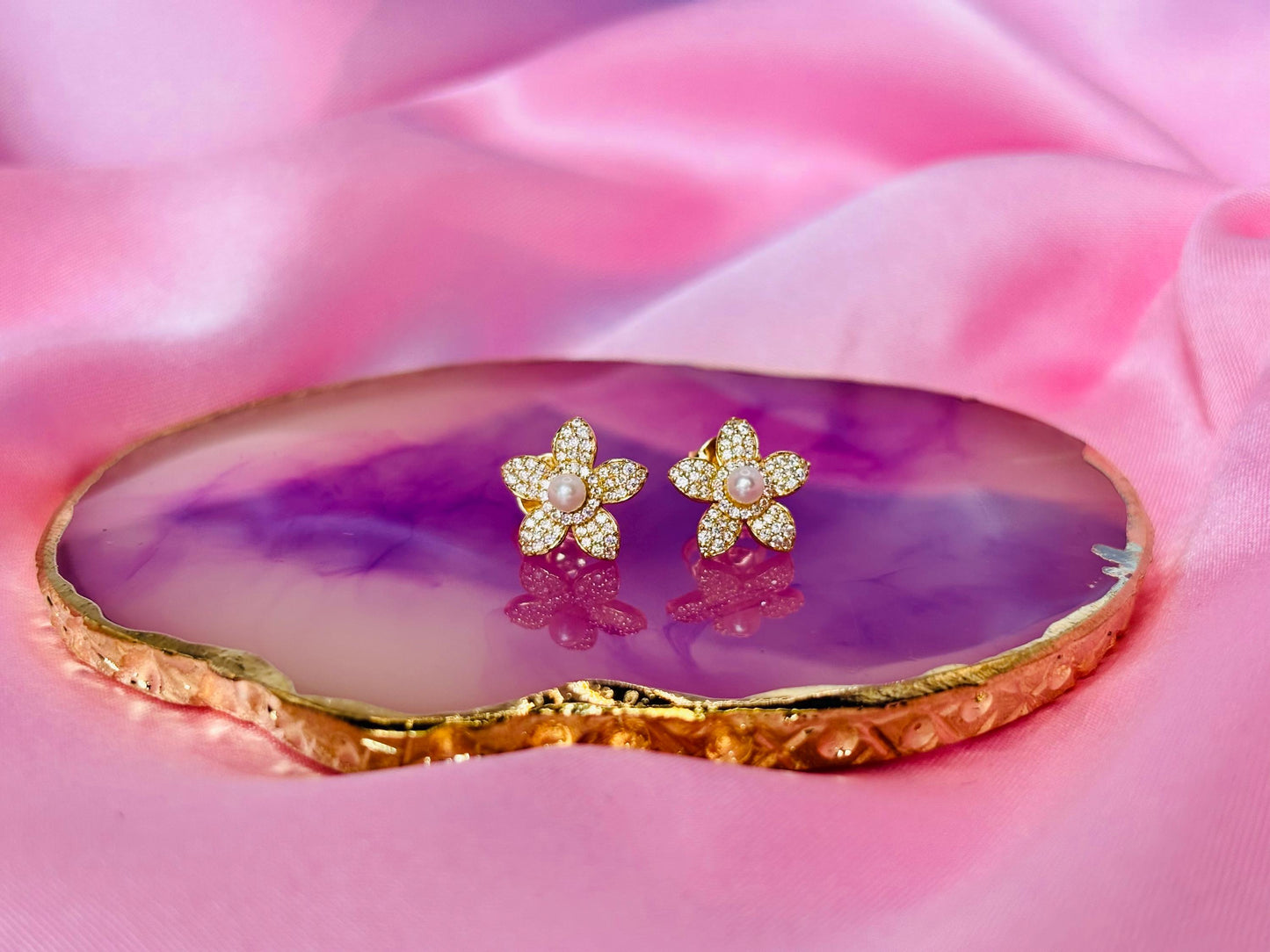 Luxury Moissanite Flower Jewelry Set, Pavé Pearl Necklace & Earrings in Gold Plated Silver