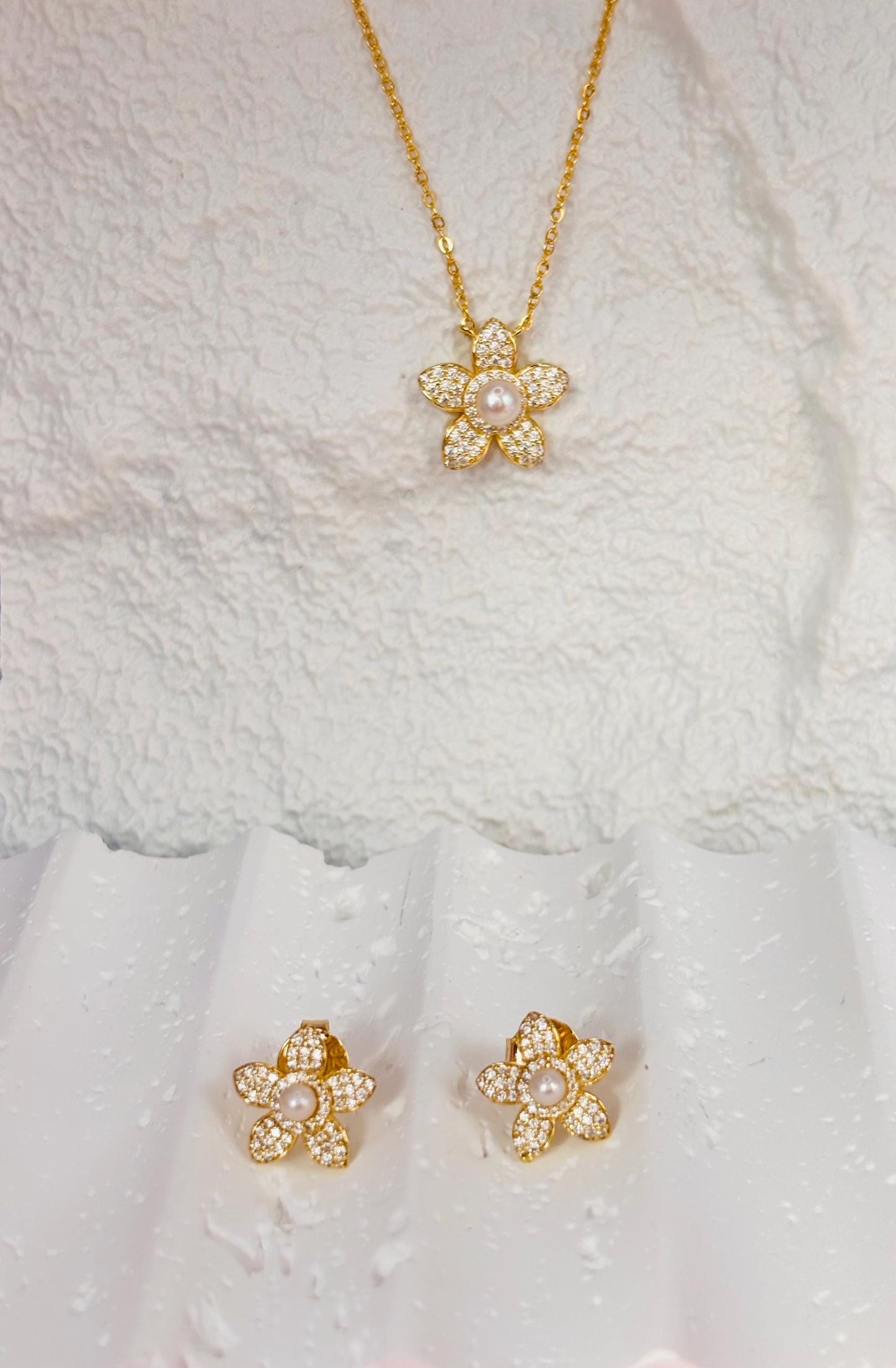 Luxury Moissanite Flower Jewelry Set, Pavé Pearl Necklace & Earrings in Gold Plated Silver